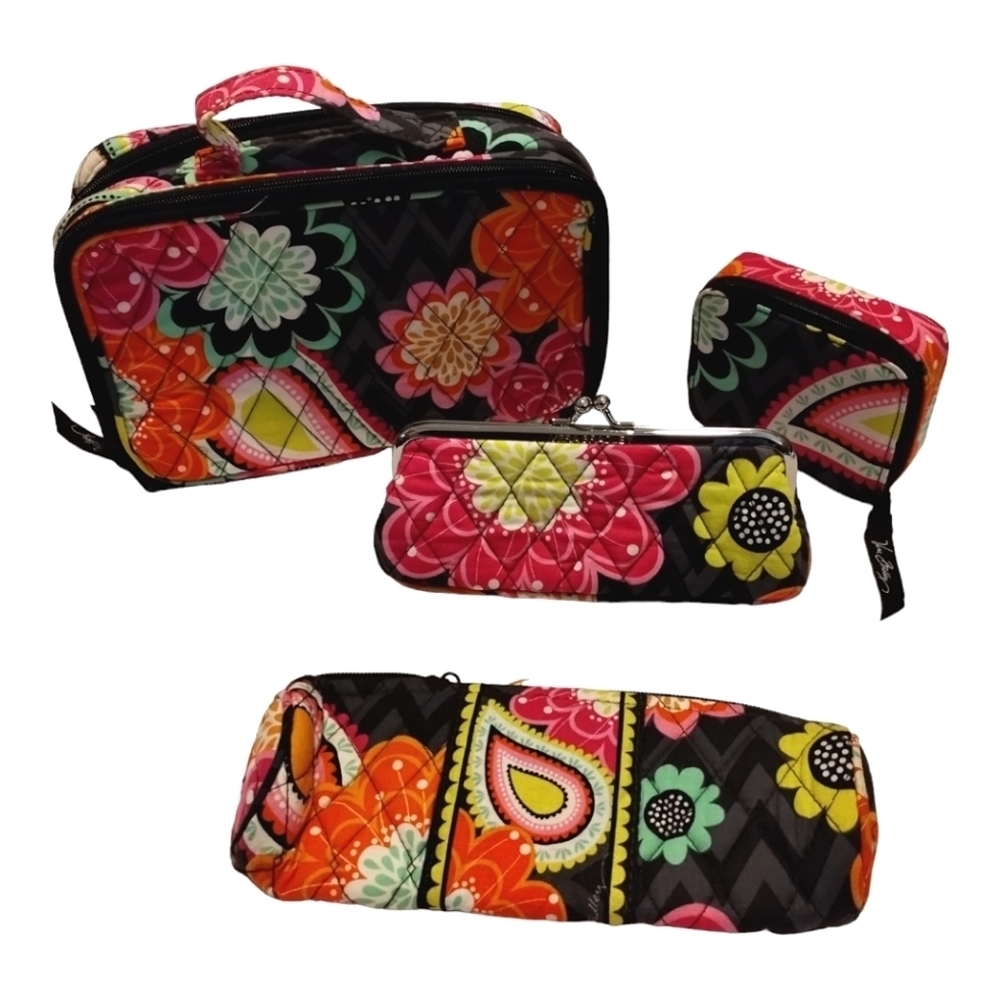 4 Pcs Vera Bradley Floral Makeup Travel Bag, Coin Purse, Travel Pill Case